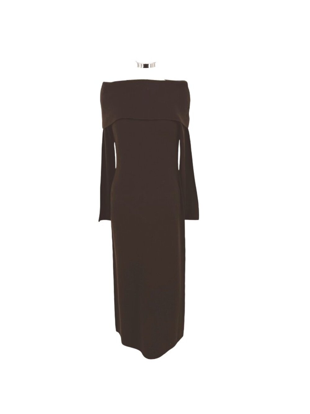 Nina Leonard Off Shoulder Vintage Maxi Knit 90s Minimalism Dress Brown Small
